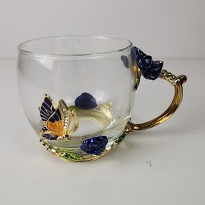 ARC Of France Glass Coffee Tea Cup Jeweled Enamel Rose & Butterfly ARC 32C1